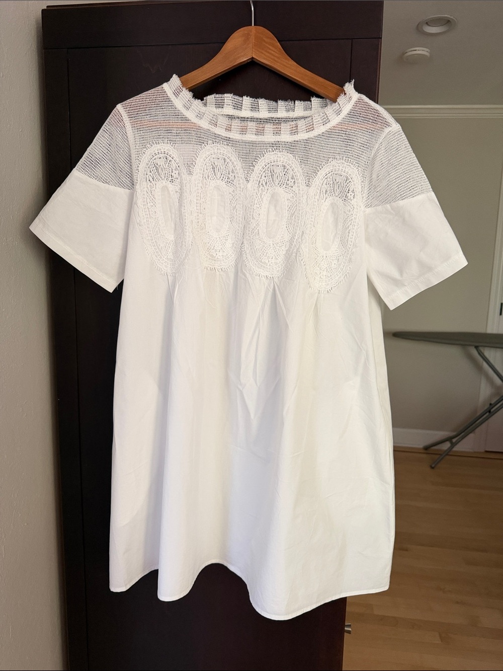 White Crochet Yoke Short Sleeve Mini Dress
